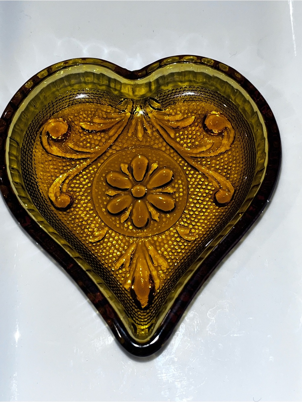 Vintage Indiana Depression Glass Amber Heart Glass Trinket Dish - Home Art